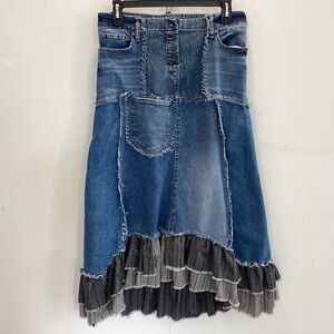Boho up-cycled Frankenstein denim distressed jean maxi skirt / old Navy teal M/L